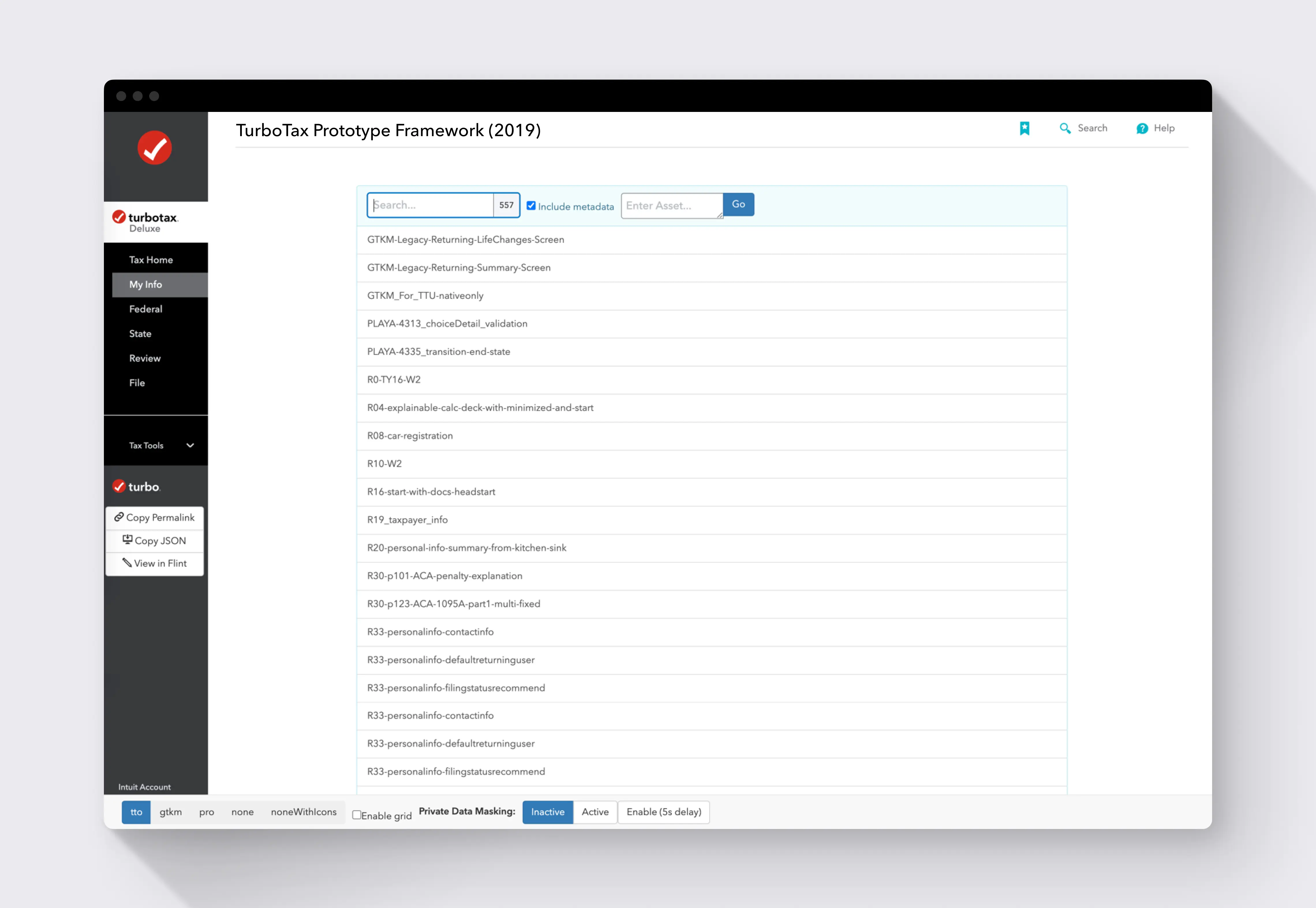 Screenshot of the old Intuit Prototyping Framework interface showing its dated UI