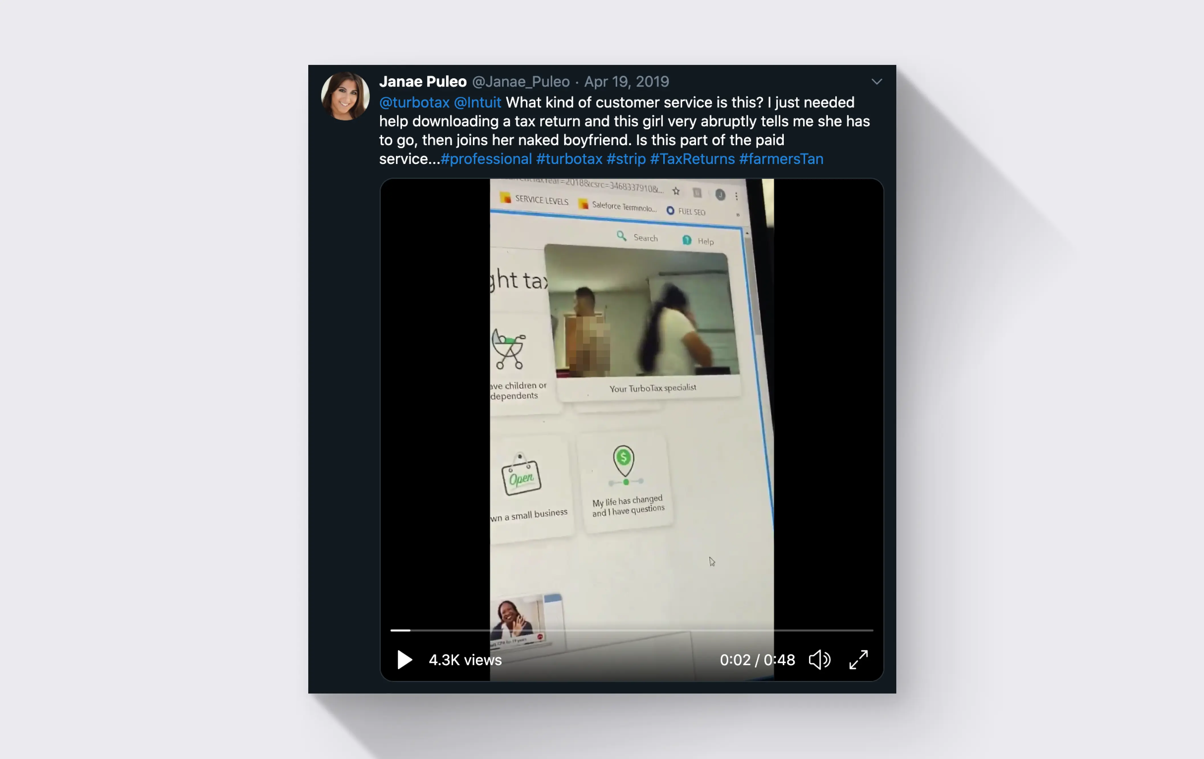 Tweet of shirtless person in turbotax live agent's webcam
