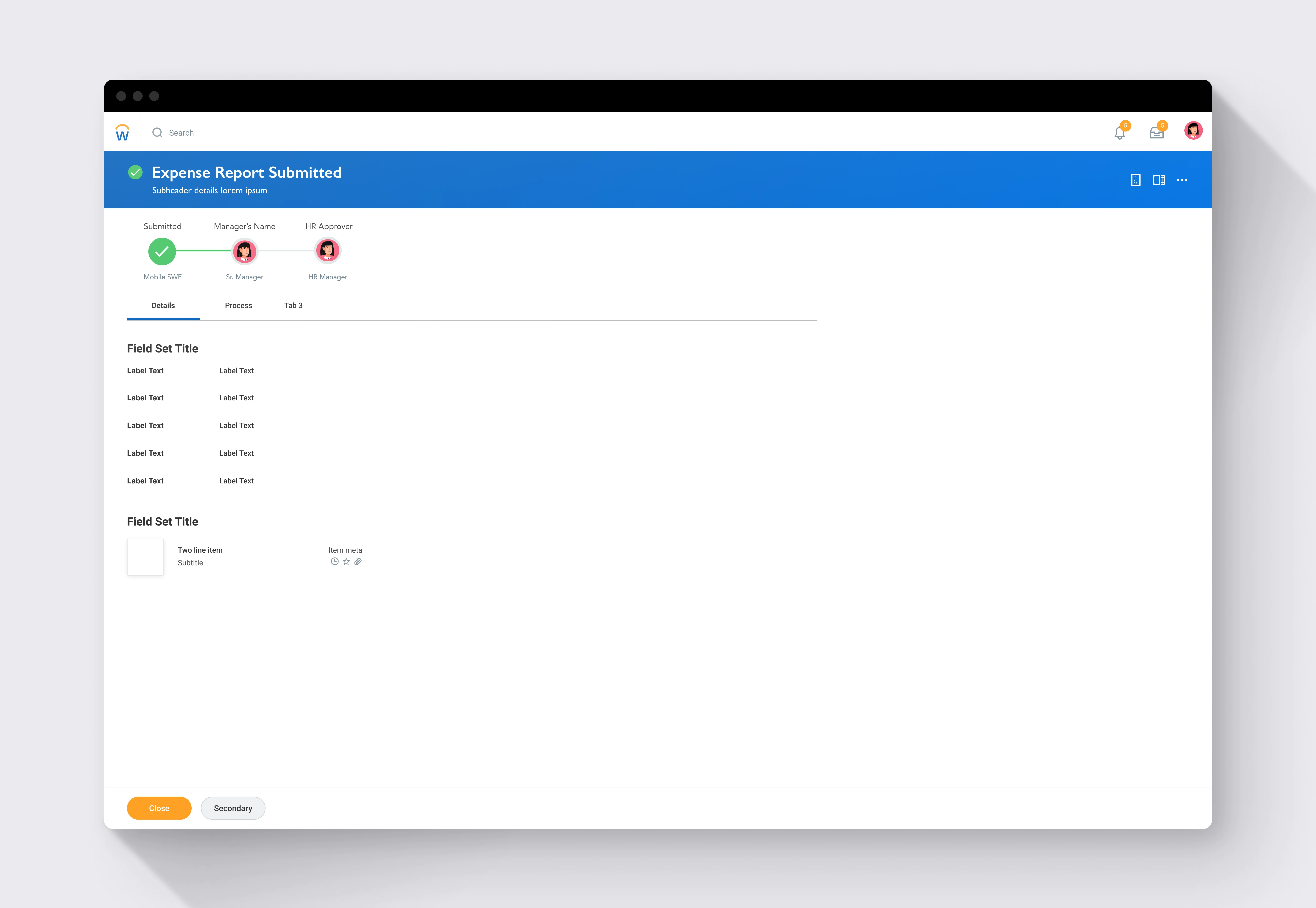 Final full-page confirmation design with approval chain visible and Close button